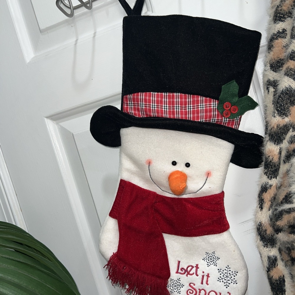 Felt Christmas Stocking Snowman Scarf Carrot Nose Velvet Hat vintage